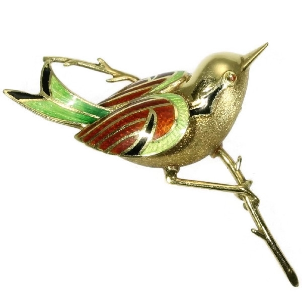 Sixties gold enameled bird on branch